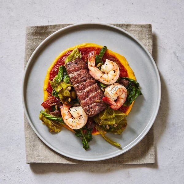 Catalan Mar i Muntanya with Beef, Shrimp, Wilted Chard and Pumpkin-Seed Picada
