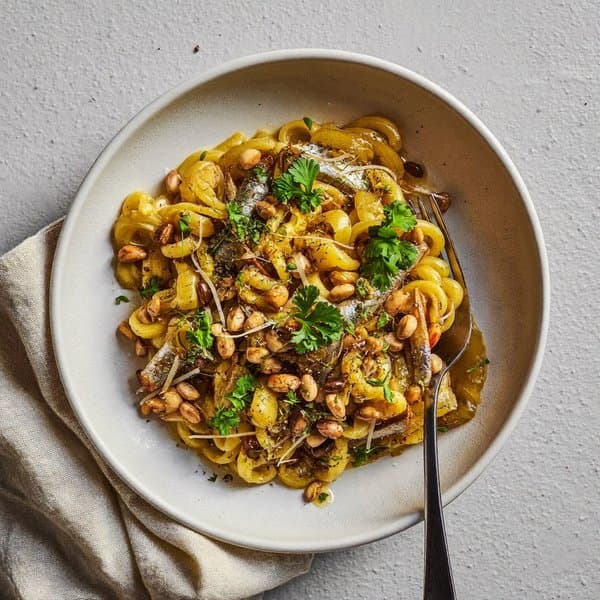 Sicilian Sardine Pasta with Fennel, Capers and Toasted Pine Nuts