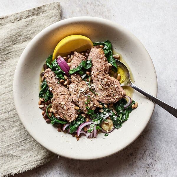 Thessalian Lamb and Lentil Skillet Breakfast with Wilted Spinach and Lemon