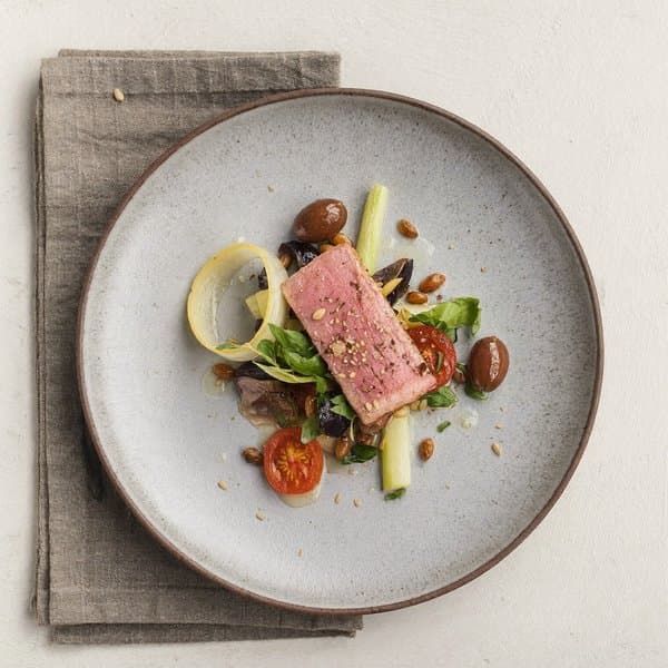 Sicilian Seared Tuna with Caponata, Pine Nuts and Currants