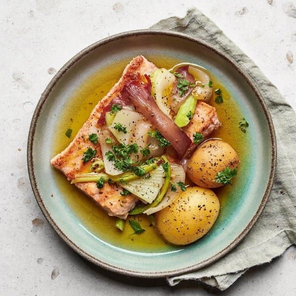 Breton-Mediterranean Cod with Fennel, Leek and Saffron Broth