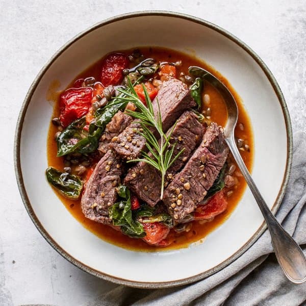Roman-Style Beef Spezzatino with Brown Lentils, Rosemary and Wilted Cavolo Nero