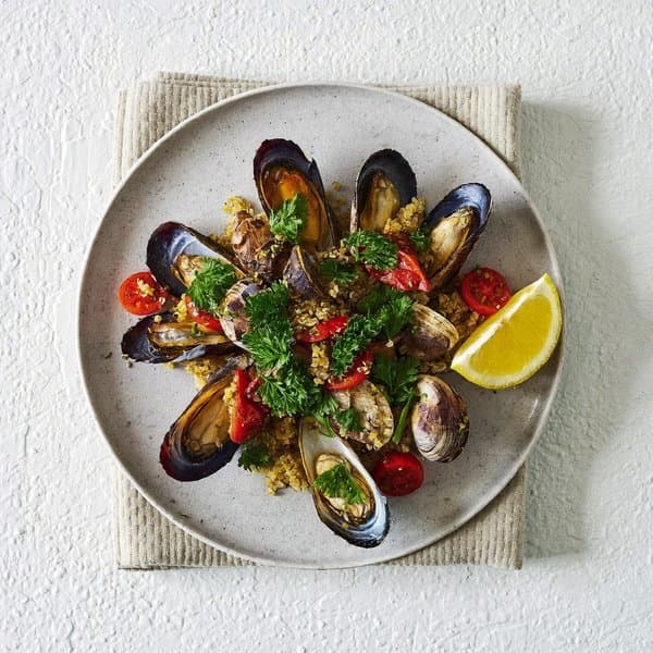 Apulian Clam and Mussel Dinner with Fregola-Style Quinoa and Saffron