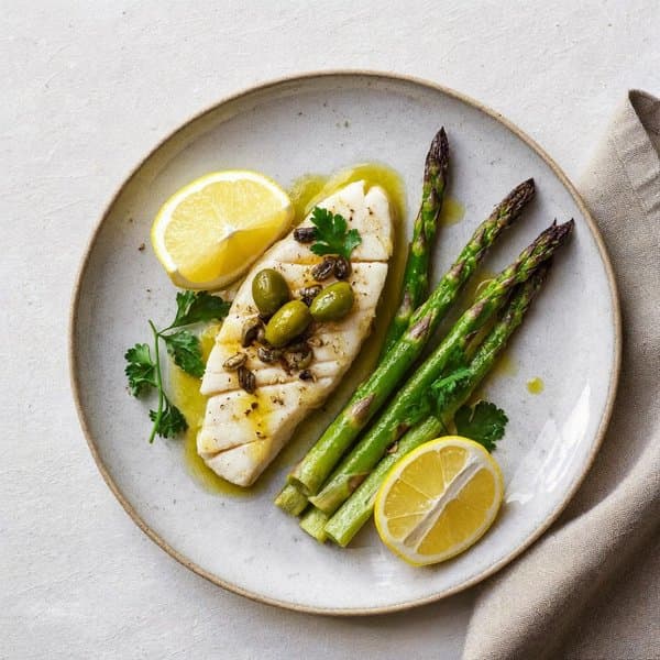 Sicilian Cod with Capers, Olives, and Lemon-Roasted Asparagus