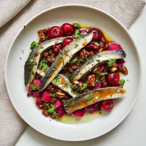 Anti-Inflammatory Mackerel and Sardine Plate with Roasted Beet, Tart Cherry and Walnut