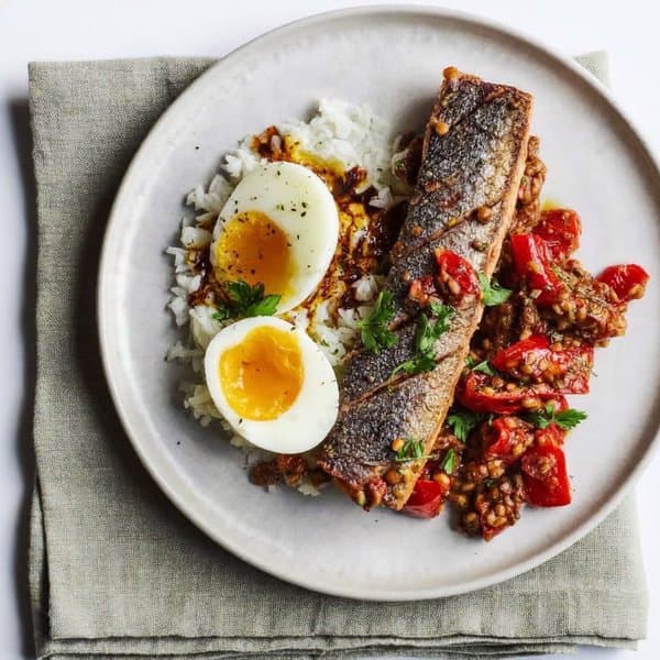 Aragonese Smoked Trout and Soft-Egg Lunch with Saffron Pepper Sofrito