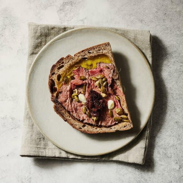 Mallorcan Cold-Roast Beef Pintxo with Pumpkin Seed and Roasted Pepper