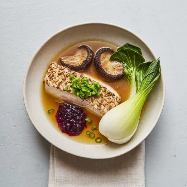 Anti-Inflammatory Sunflower-Crusted Tuna in Shiitake-Ginger Broth with Blueberry Salsa