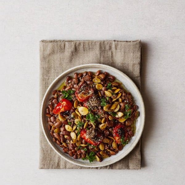 Cretan Warm Lentil Mezze with Pumpkin Seed, Oregano and Slow Tomato