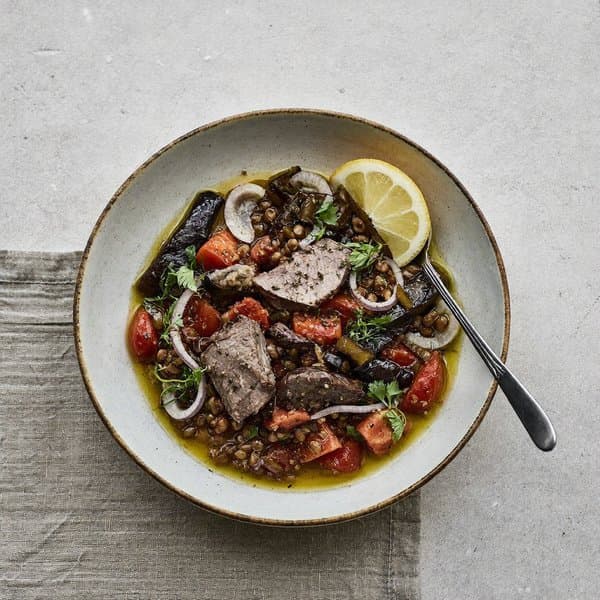 Moroccan Lamb Kefta Tagine with Lentils, Charred Eggplant and Preserved Lemon