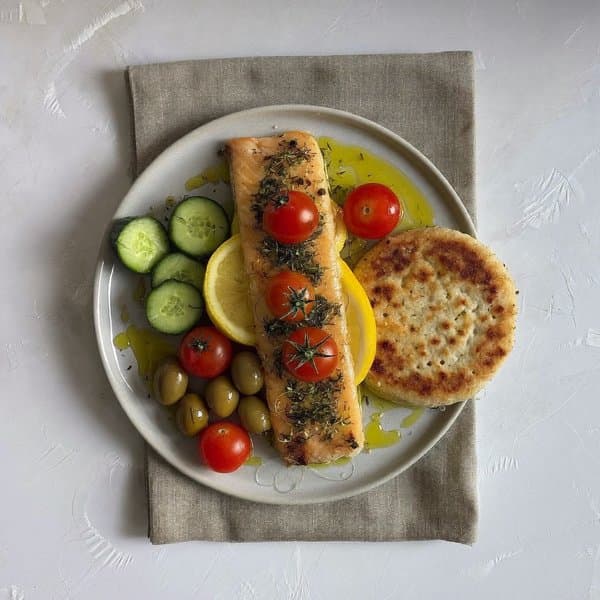 Greek Smoked Trout Plate with Lemon-Oregano Tomato and Dill Cucumber