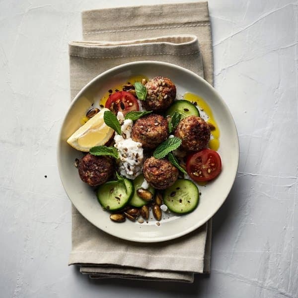 Cretan Lamb and Pumpkin-Seed Breakfast Mezze with Cucumber, Mint and Lemon