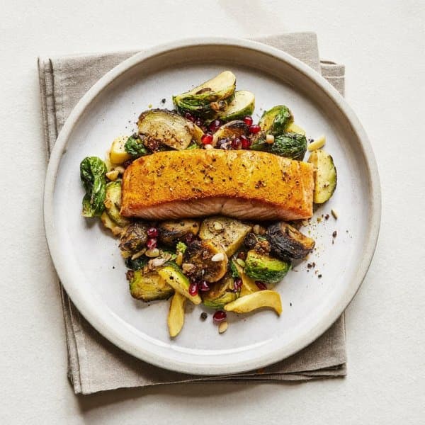 Turmeric-Ginger Trout with Roasted Brussels Sprouts & Pomegranate-Walnut Gremolata