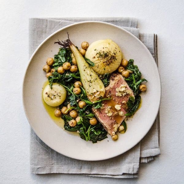 Tunisian Harissa-Glazed Tuna with Roasted Fennel, Chickpeas and Chermoula Greens