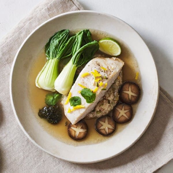 Ginger-Lime Cod in Shiitake and Bok Choy Broth with Brown Rice