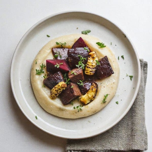 AIP Slow-Braised Beef and Heart with Cassava Mash and Roasted Roots