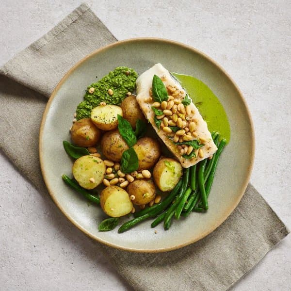 Ligurian Cod and Crushed Potatoes with Dairy-Free Basil Pesto and Green Beans