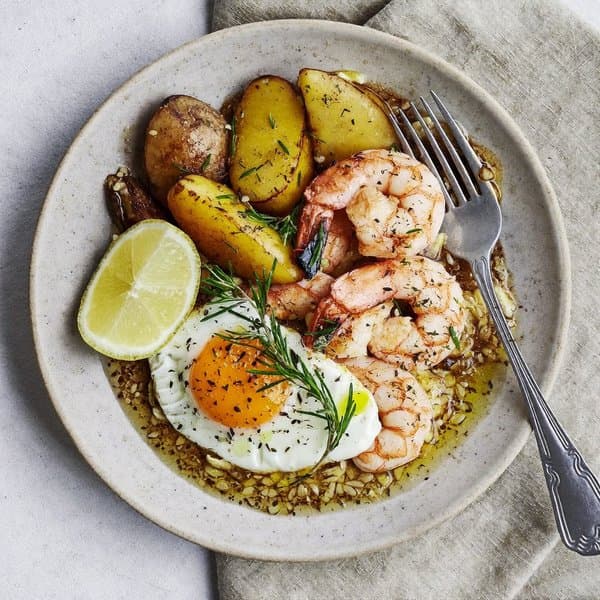 Emilian Shrimp and Soft-Egg Skillet with Rosemary Potatoes and Lemon