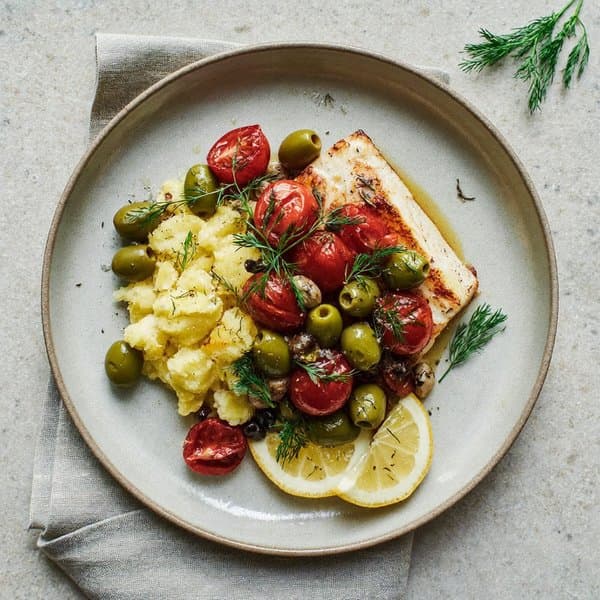 Cretan Baked Cod with Lemon, Dill, Crushed Potato and Olives