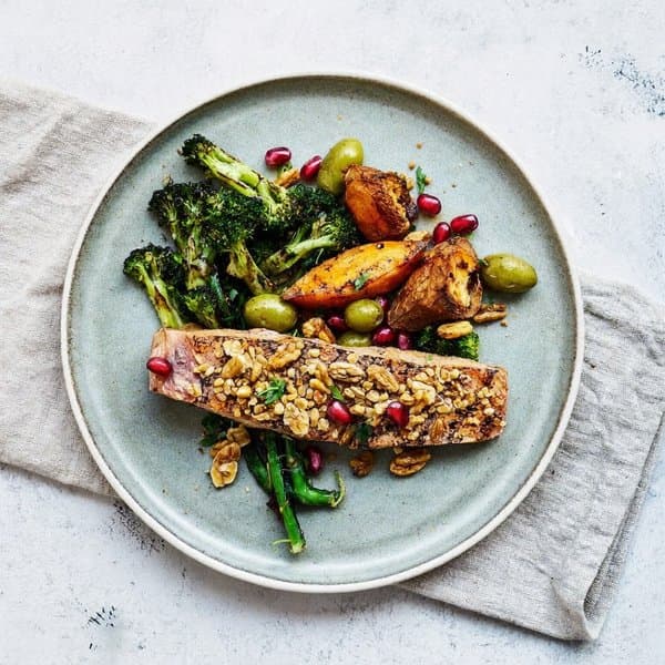Mediterranean Tuna Plate with Charred Broccoli, Walnut-Olive Crumble and Pomegranate