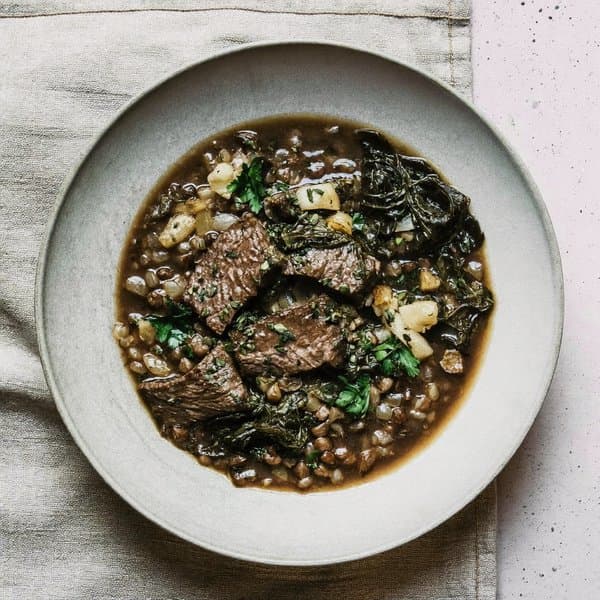 Castilian Lentil & Beef Cocido with Wilted Chard