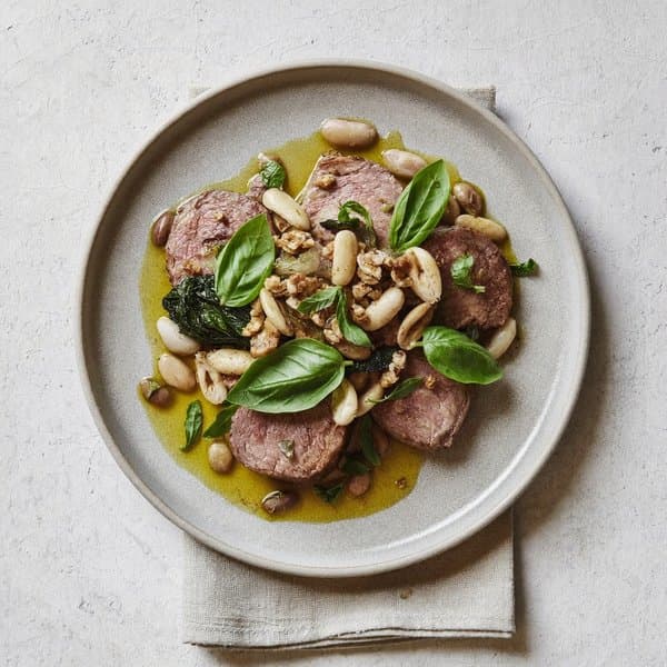 Genovese Pan-Seared Beef with Cannellini, Wilted Chard and Walnut-Basil Drizzle
