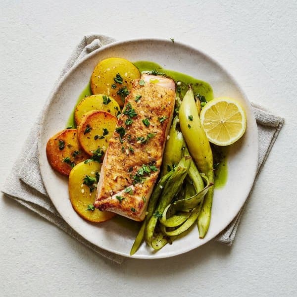 Cantabrian Cod with Leek, Saffron Potatoes and Parsley Oil