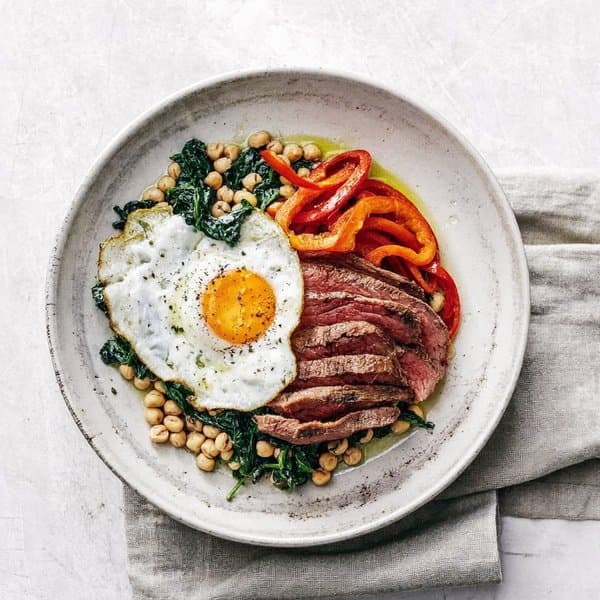 Catalan Beef and Egg Skillet with Roasted Pepper, Chickpeas and Wilted Spinach