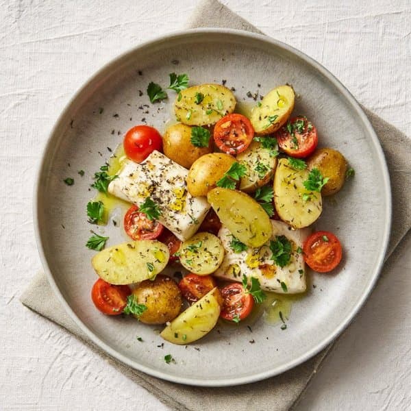Sicilian Cod Acqua Pazza with Cherry Tomatoes and Crushed Potatoes