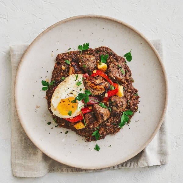 Aragonese Lamb and Lentil Hash with Soft Egg, Pimentón and Roasted Pepper