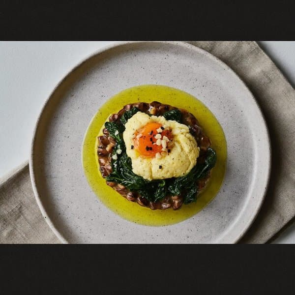 Portuguese Warm Lentil and Soft-Egg Bite with Pimentão and Spinach