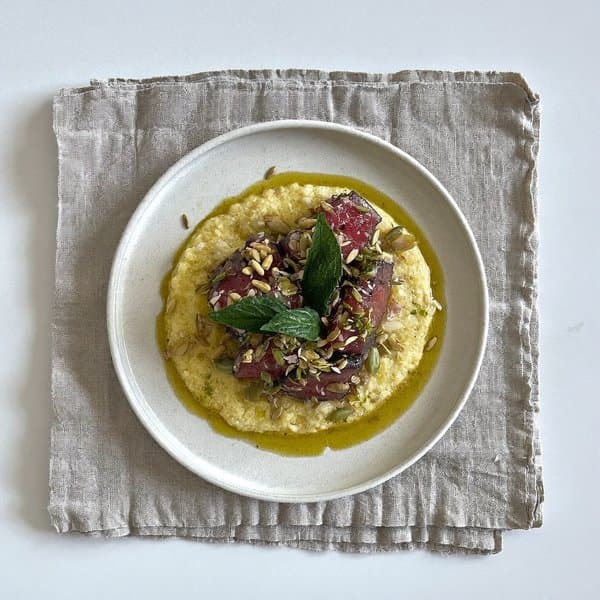 Istrian Tuna and Sunflower-Seed Soft Polenta with Olive Oil and Sage