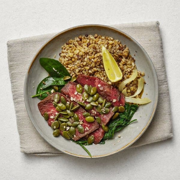 Egyptian Beef Tagine with Pumpkin-Seed Dukkah, Spinach and Brown Rice