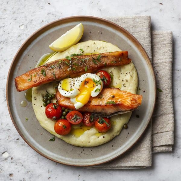 Roman Smoked Trout over Soft Polenta with Soft Egg, Capers and Lemon