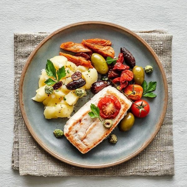 Apulian Cod with Cherry Tomato, Capers, Olives and Crushed Potatoes