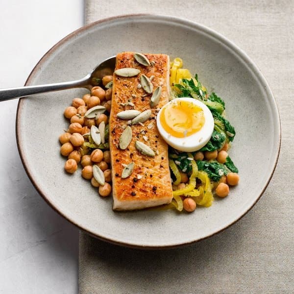 Sephardic Pescado en Adafina with Halibut, Chickpeas, Saffron and Sunflower Crumble