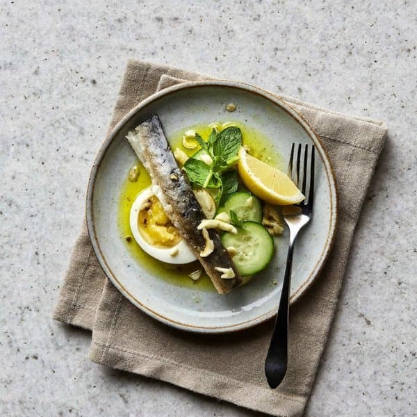 Cypriot Smoked Mackerel and Soft-Egg Mezze with Cucumber, Mint and Lemon