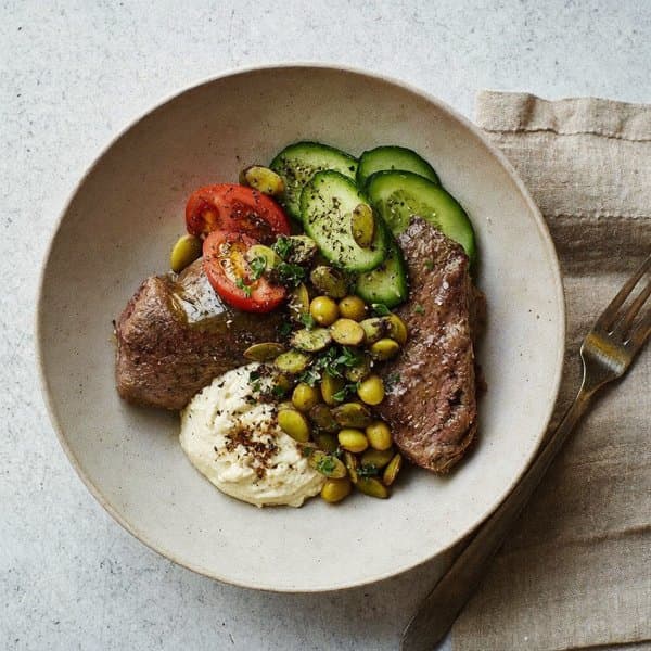 Levantine Lamb Shawarma Bowl with Sumac Chickpeas, Pumpkin Seeds and Tahini