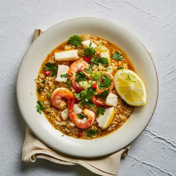 Andalusian Cod and Shrimp Cazuela with Saffron Rice and Pimentón
