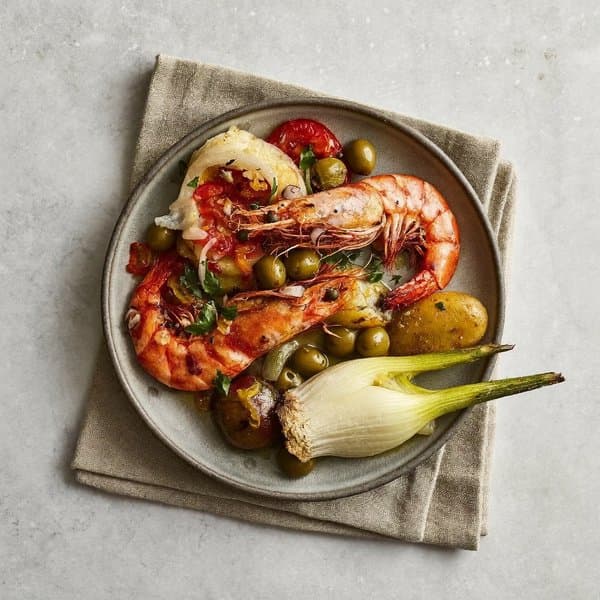 Cypriot Baked Shrimp with Tomato, Fennel, Olives and Lemon-Roasted Potatoes