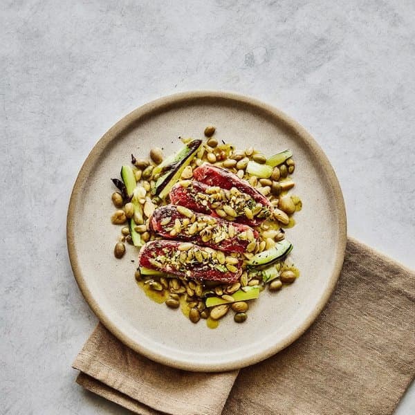 Marchigian Beef with Pumpkin-Seed Crust, Roasted Fennel and Cannellini