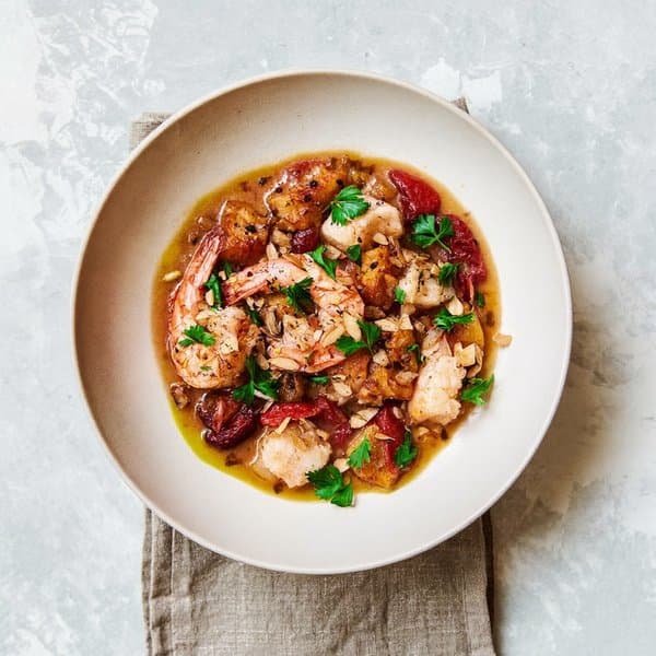 Catalan Suquet de Peix with Cod, Shrimp, Saffron and Toasted Almond Picada