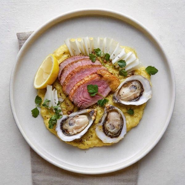 AIP Pan-Seared Oysters and Lamb with Plantain Mash and Wilted Cabbage