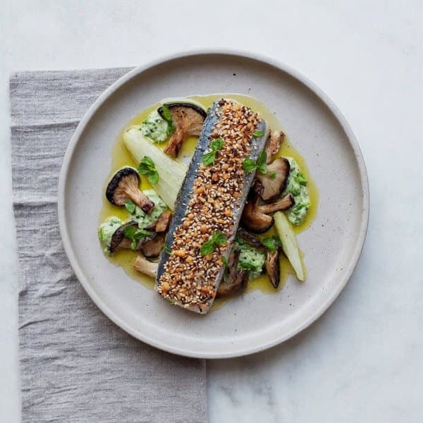 Sunflower-Crusted Mackerel with Shiitake Bok Choy and Blueberry-Mint Salsa