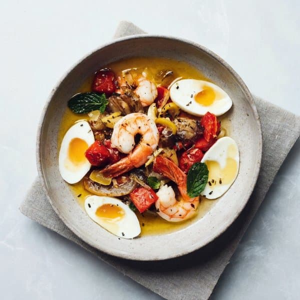 Libyan Shrimp Shakshuka with Cumin, Tomato and Lemon-Mint