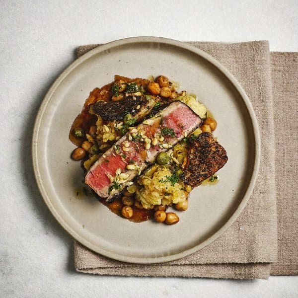 Sicilian Seared Tuna with Brazil-Nut Crumble and Charred Cauliflower