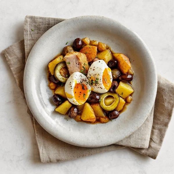Portuguese Bacalhau à Brás with Crispy Potato, Soft Egg and Olives