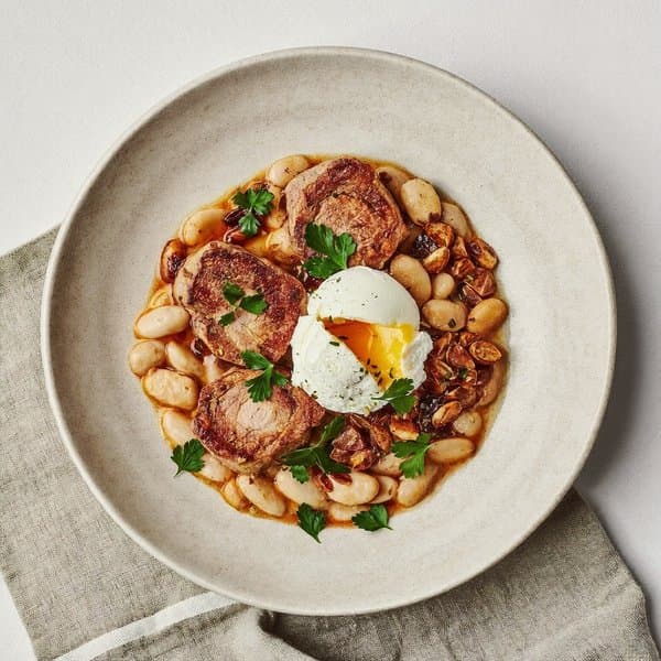 Asturian Fabada-Style Pork with Saffron, White Beans and Pumpkin-Seed Picada