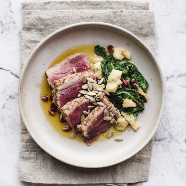 Georgian Seared Tuna with Sunflower-Seed Pkhali, Pomegranate and Wilted Greens