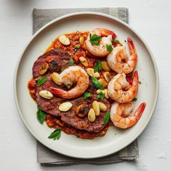 Andalusian Lamb & Shrimp Skillet with Romesco-Style Almond Sauce